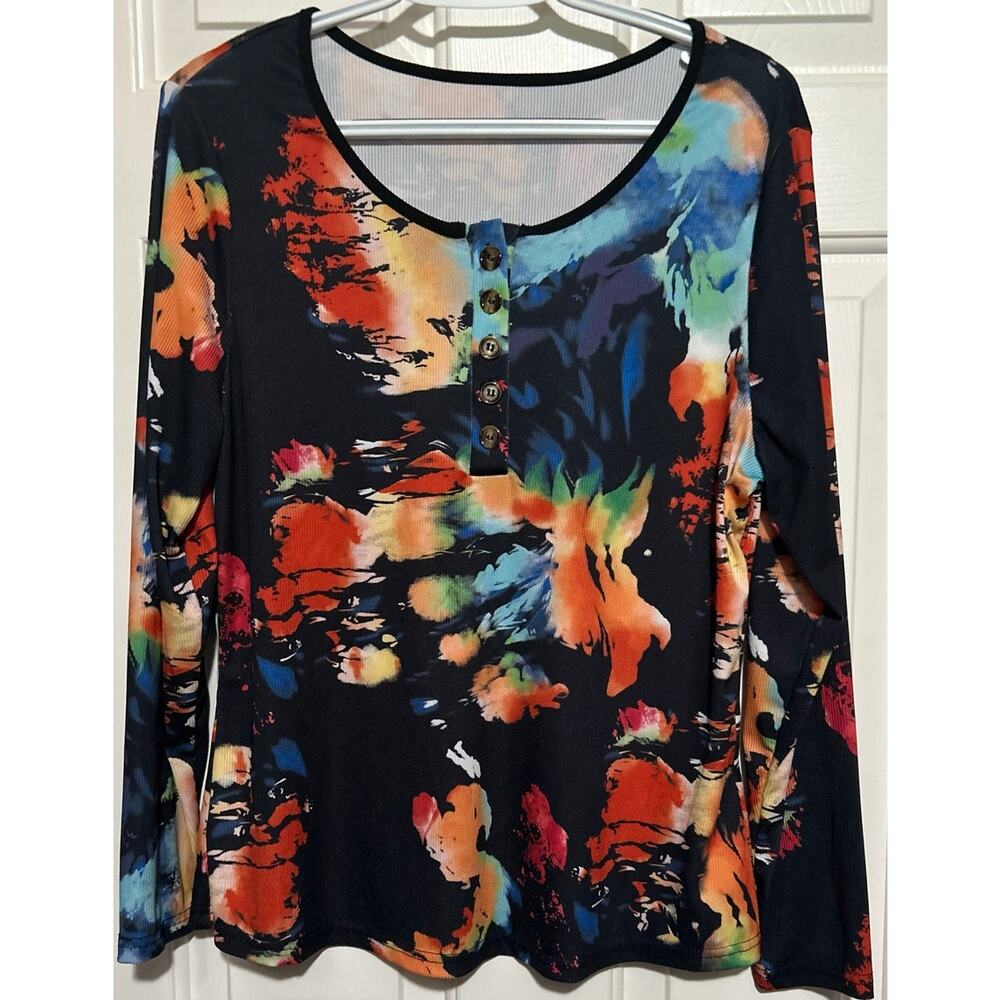 Shein Curve Women's Black Multicolor Long Sleeve Quarter Button Top Size 1XL